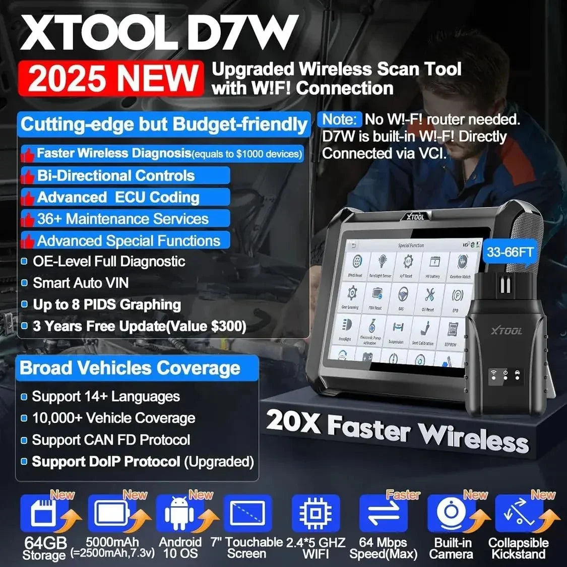 XTOOL D7W Smart Diagnostic Tool, Key Coding, OdometerCorrection, 3-Year Free Update - Free of Autel MaxiVideo MV105S Digital Inspection Camera - FairTools